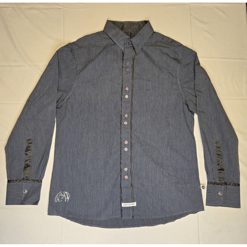 John Lennon Art Inspired Mens Large Button Dress Shirt Navy Black Peace‎ Embroid
